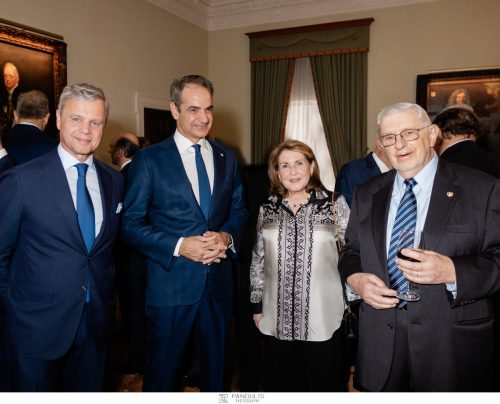 Annika Papantoniou (Chair of the Athens College Centennial Committee), Prime Minister Kyriakos Mitsotakis ’86, Vasilis Salapatas ’55, George Antoniadis ’80 (Chair of the Board of Trustees of Athens College in the U.S.)