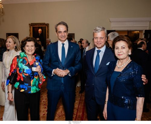 Daphne Hatsopoulos, Prime Minister Kyriakos Mitsotakis ’86, George Antoniadis ’80 (Chair of the Board of Trustees of Athens College in the U.S.), Marina Couloucoundis