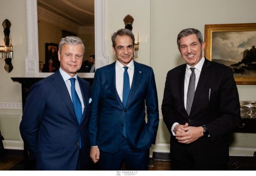 George Antoniadis ’80 (Chair of the Board of Trustees of Athens College in the U.S.), Prime Minister Kyriakos Mitsotakis ’86, Stavros Lambrinidis ’80 (Ambassador of the European Union to the UN)
