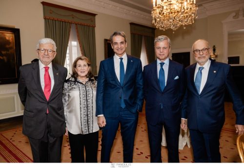 Alexandros Phylactopoulos ’65 (Chair of the Board of the Hellenic-American Educational Foundation), Annika Papantoniou (Chair of the Athens College Centennial Committee), Prime Minister Kyriakos Mitsotakis ’86, George Antoniadis ’80 (Chair of the Board of Trustees of Athens College in the U.S.), Professor Spyros Pollalis (President of Athens College)